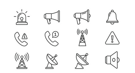 Collection of communication and alert icons featuring sirens megaphones phones and antennas vector