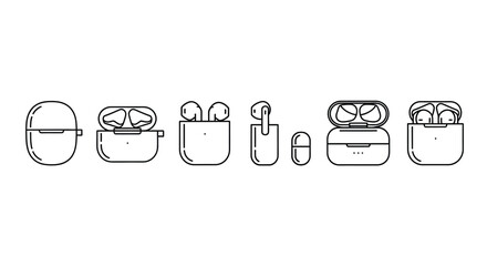 Modern wireless earbuds charging cases and earphones collection minimalist line art outline style vector