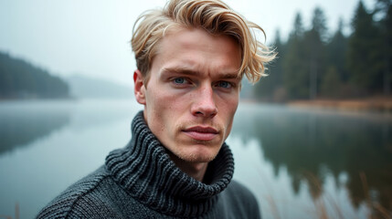 Portrait of a swede by misty lake in natural landscape