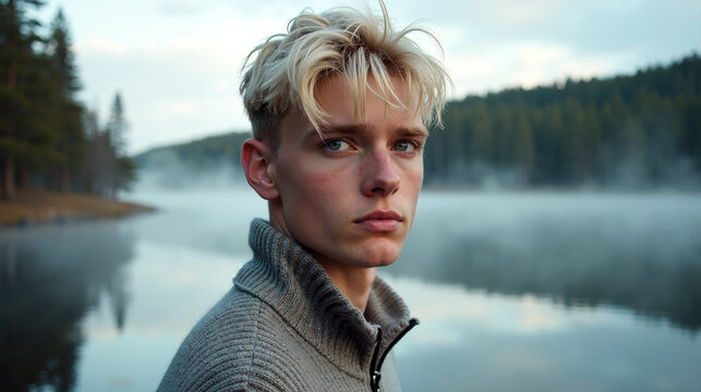 Portrait of a swede by misty lake in scandinavian nature