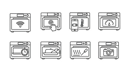 Modern kitchen appliance icons representing smart oven features for cooking and technology vector