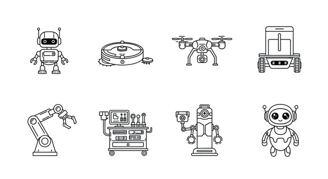 Collection of cute hand-drawn robot icons for technology and future concepts vector