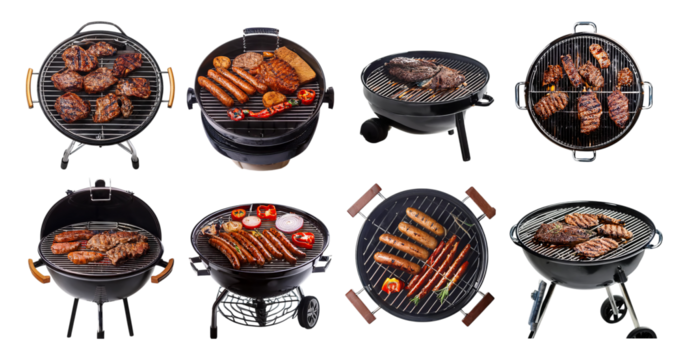 Assortment of Grilled Meats and Barbecue Equipment at Outdoor Cookout, isolated on transparent background