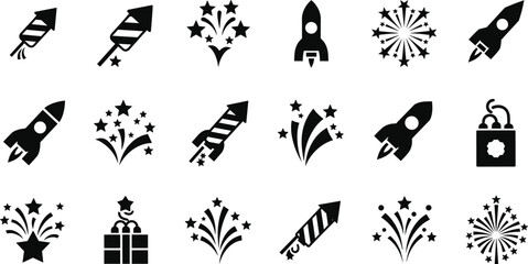 Naklejka premium Set of Black Firework, Rocket, and Celebration Solid Icons Vector Illustration