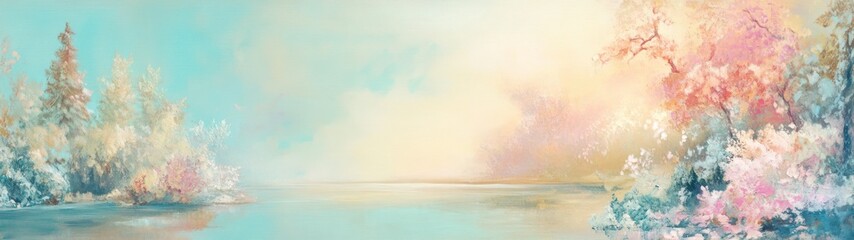 Ethereal Pastel Lake Landscape Painting with Impressionistic Blossoming Trees and Serene Sky