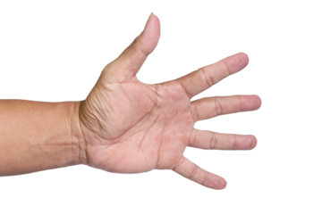 PNG file An open human hand against a blurred background, fingers spread wide on transparent background PNG