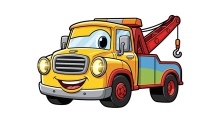 Cheerful cartoon tow truck with vibrant colors and friendly face ideal for children's illustrations