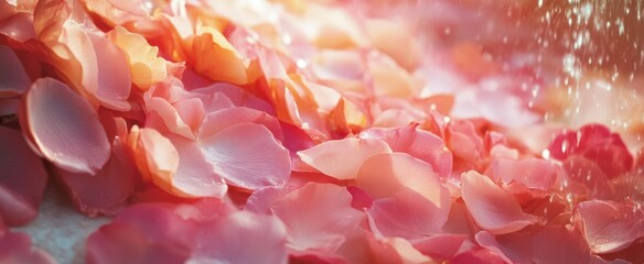 Ethereal Pink & Peach Rose Petals with Sparkling Water Droplets, Bathed in Golden Light