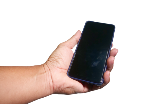 PNG file A hand holding a sleek black smartphone on transparent background PNG