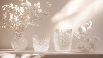 Ethereal Still Life: Delicate White Flowers and Textured Glassware Bathed in Soft Sunlight