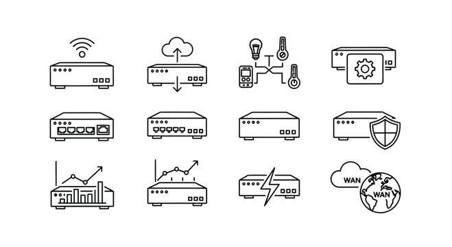 Collection of hand drawn icons representing network routers modems and cloud connectivity technology vector