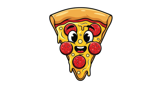 Whimsical pizza slice character with expressive eyes and cheesy pepperoni smile concept