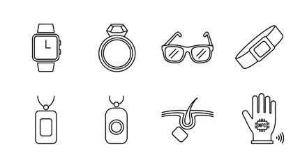 Fototapeta premium Collection of sketchy line art icons representing wearable technology and accessories for modern living vector