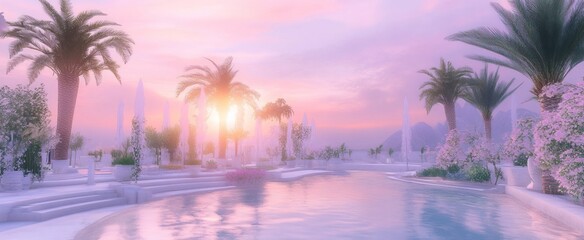 Ethereal Sunset Over Tropical Oasis with Palm Trees and Water Fountains