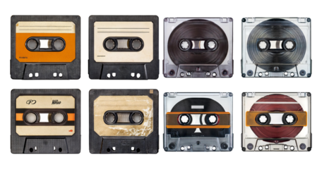 Vintage Audio Cassette Tapes Collection on White Background, PNG bundle collection, Isolated on Transparent Background