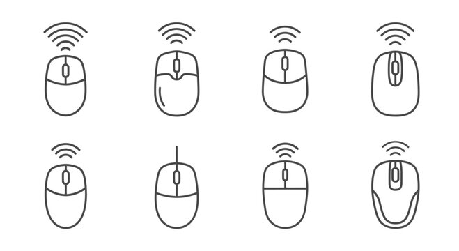 Wireless computer mice collection icons showing different designs and connectivity signals vector