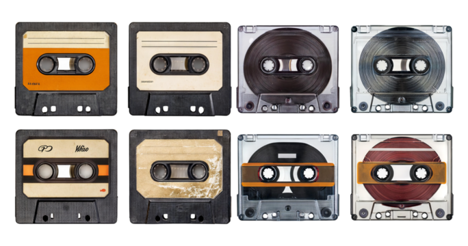 Vintage Audio Cassette Tapes Collection on White Background, PNG bundle collection, Isolated on Transparent Background