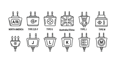 Collection of hand drawn electrical power plugs and sockets from around the world illustrated vector