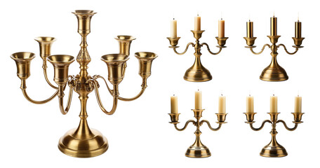 Elegant brass candle holders in various styles and arrangements, PNG bundle collection, Isolated on Transparent Background