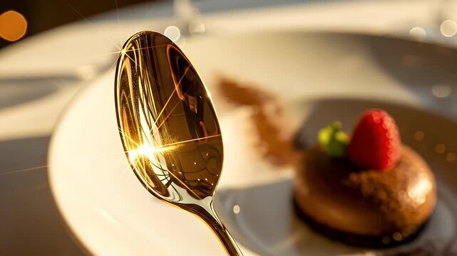 A gleaming gold spoon reflects light, positioned before a blurred dessert with a raspberry on a white plate