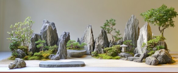 Exquisite Miniature Japanese Zen Garden with Towering Rocks, Lush Moss, Bonsai, and Stone Lantern