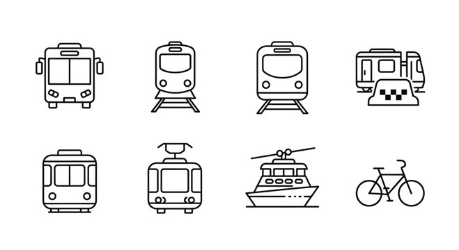 Collection of public transportation icons featuring bus tram train taxi ferry and bicycle designs vector
