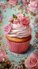 Exquisite Oil Painting of a Pink Rose-Adorned Cupcake on a Floral Tapestry Background