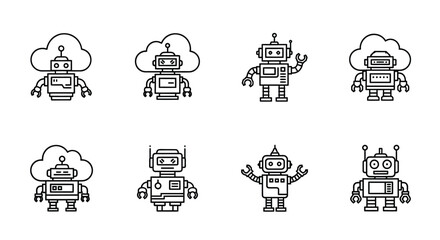 Cute cartoon robots with cloud computing symbol technology concepts set vector