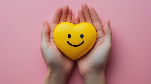 A pair of hands gently holding a yellow heart with a smiley face against a pink background, symbolizing happiness and positivity.