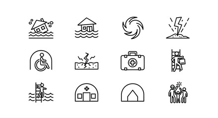 Set of 12 disaster and emergency icons representing natural calamities and support services vector