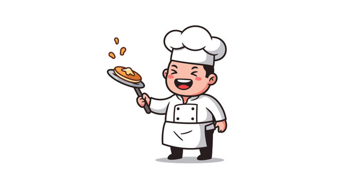 Happy cartoon chef flipping pancakes with a spatula.