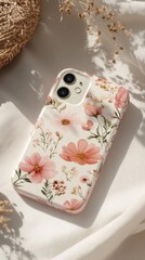 Floral Phone Case on Soft White Fabric, Delicate Pink Blossoms and Gentle Shadows