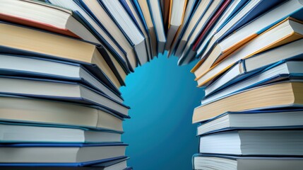 Naklejka premium Archway of Open Books Framing a Blue Background for Learning and Imagination