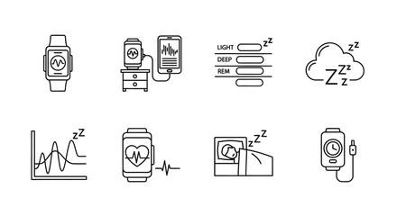 Digital health monitoring icons set smartwatch sleep tracking medical chart connected devices and wellness gadgets vector