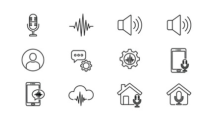 Collection of clean outline icons representing audio technology smart home and user interface elements vector