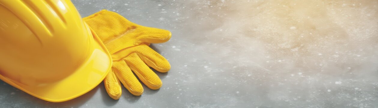 Bright yellow hard hat and safety gloves on a concrete surface for construction site safety and protection