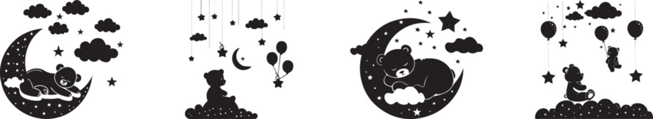 Cute animal silhouettes sleeping on moon with clouds, stars and balloons isolated on white background, minimalist black vector illustration for nursery wall art, baby room decor and printable design