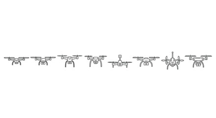 Collection of drone silhouettes showing different models and flying angles for technology concepts vector