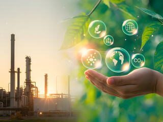 climate action graphic with earth bubble, co2 icon, and green leaves representing eco-friendly manufacturing