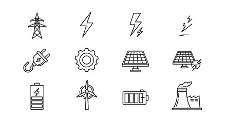 Set of 12 hand drawn icons representing renewable energy and power generation concepts vector