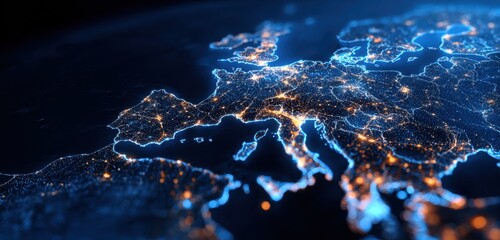 A stunning illuminated depiction of a global network, showcasing interconnectedness and technological advancements across the world.