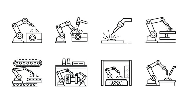 Set of industrial robot arm icons for automated manufacturing and factory automation processes vector