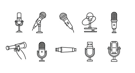 Collection of diverse hand-drawn microphones for audio recording broadcast and performance vector