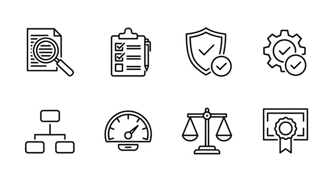 Hand drawn icons representing quality assurance compliance audit security and success metrics vector