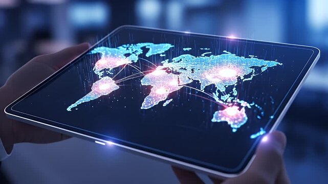 A person holds a digital tablet displaying an interconnected global network on a blue and black screen - Powered by Adobe