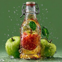 Refreshing apple beverage splashes with whole fruits in a vintage bottle, capturing natural essence and vibrant hydration for healthy living.