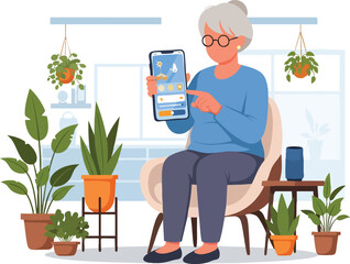 06 Senior Woman Managing Smart Home Devices from Tablet in Green Living Space