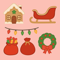 Flat vector illustration set of Christmas and winter elements including gift bags, sleigh, house with snow, wreath, and decorative lights. 