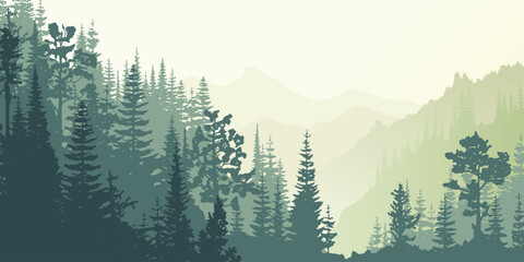 Naklejka na ściany i meble Sunrise in the mountains, wild forest, misty silhouettes of ridges, vector illustration
