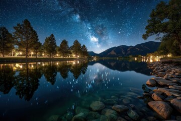 Fototapeta premium Milky Way Reflected in Calm Lake at Night